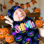 Personalised Pumpkin Ghost Spider Web Swaddle and Knot Hat Set with Name Halloween Baby Shower Birthday Gift for Newborns