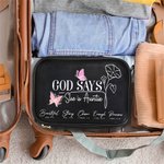 Personalized Butterfly Birth Flower God Says She Is Feminist PU Leather Makeup Bag with Title and Name Travel Birthday Gift for Women Girls