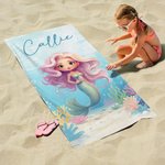 Personalized Adorable Cartoon Mermaid Quick Dry Oversized Beach Towel with Name Summer Vacation Beach Party Gift for Girls