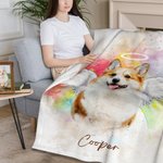 Personalized Oil Painting Style Rainbow Bridge Pet Photo Soft Throw Blanket with Name Memorial Birthday Anniversary Gift for Pet Lovers