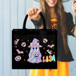 Personalized Laser Style Cartoon Bow Ghost Skull Bat Large Linen Tote Bag with Name Trick or Treat Halloween Party Gift for Kids Women