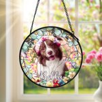 Personalized Stained Glass Style Pet Portrait Photo Suncatcher Ornament with Name Window Balcony Memorial Hanging Decor Birthday Gift for Pet Lovers