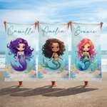 Personalized Adorable Cartoon Mermaid Quick Dry Oversized Beach Towel with Name Summer Vacation Beach Party Gift for Girls