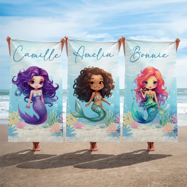 Personlig bedårande tecknad sjöjungfru snabbtorkande överdimensionerad strandhandduk med namn sommar semester strandfest present till flickor