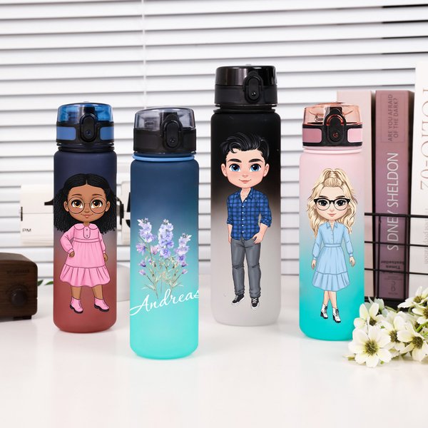 Personalised Cute Cartoon Character Birth Flower Ball Name Sport Water Bottle with Straw and Spill-Proof Lid Birthday Back to School Gift for Family