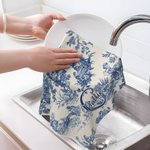 Personalized Retro French Toile De Jouy Waffle Tea Towel with Initial and Name Kitchen Decor Wedding Engagement Gift for Newlyweds Couple