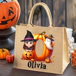 Personalized Cartoon Character Pumpkin Ghost Jute Tote Bag with Initial and Name Trick or Treat Halloween Party Gift for Boys Girls