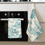 Personalized Retro French Toile De Jouy Waffle Tea Towel with Initial and Name Kitchen Decor Wedding Engagement Gift for Newlyweds Couple