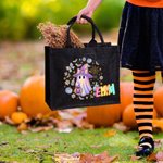 Personalized Laser Style Cartoon Bow Ghost Skull Bat Large Linen Tote Bag with Name Trick or Treat Halloween Party Gift for Kids Women