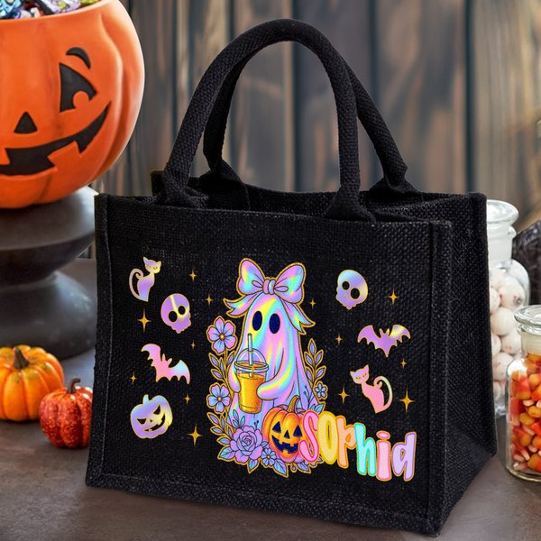 Personalized Laser Style Cartoon Bow Ghost Skull Bat Large Linen Tote Bag with Name Trick or Treat Halloween Party Gift for Kids Women