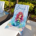 Personalized Adorable Cartoon Mermaid Quick Dry Oversized Beach Towel with Name Summer Vacation Beach Party Gift for Girls
