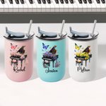 Personalized Birth Flower Piano Name Design 10 oz Insulated Tumbler with Lid and Straw Anniversary Birthday Gift for Women Music Lovers