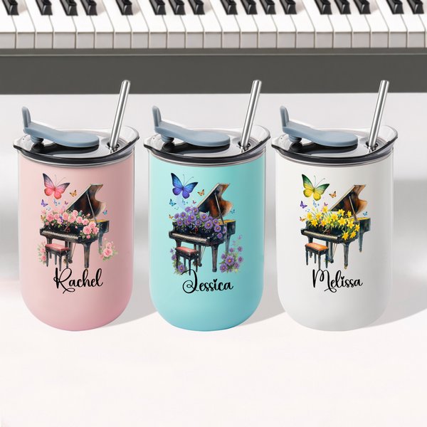 Personalised Birth Flower Piano Name Design 10 oz Insulated Tumbler with Lid and Straw Anniversary Birthday Gift for Women Music Lovers