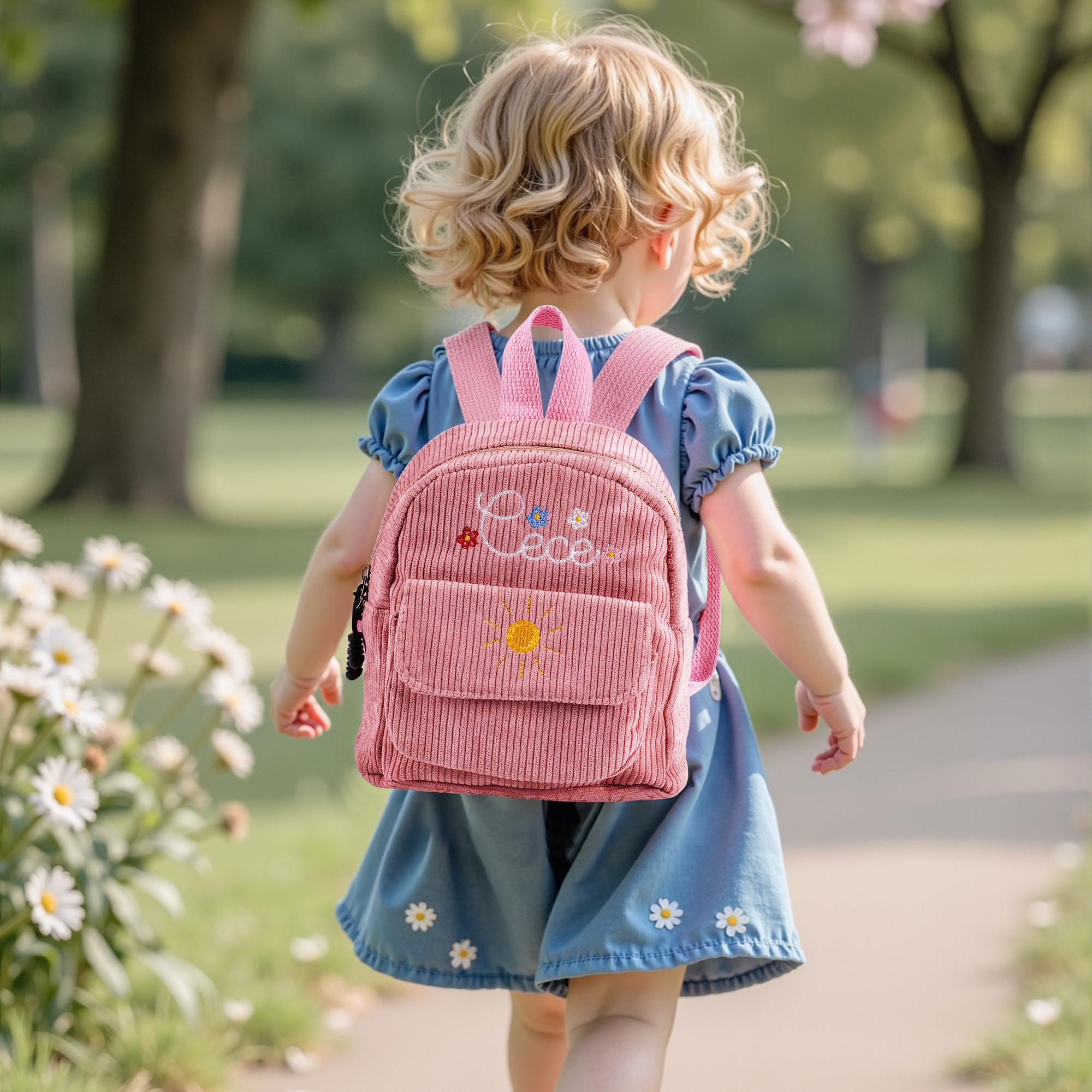 Zaino Personalizzato Con Nome E Orso – In Velluto A Coste Per Asilo, Bambini E Bambine - 2