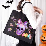 Personalized Laser Style Cartoon Bow Ghost Skull Bat Large Linen Tote Bag with Name Trick or Treat Halloween Party Gift for Kids Women