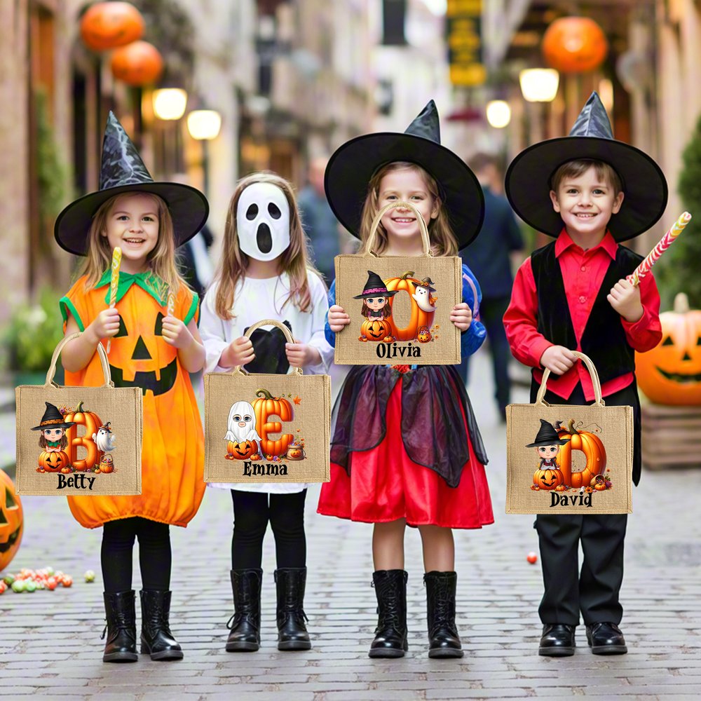 Personalisierte Halloween Jute-Tragetasche mit Namen – Süßer Kürbis & Geist Cartoon Motiv