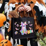 Personalized Laser Style Cartoon Bow Ghost Skull Bat Large Linen Tote Bag with Name Trick or Treat Halloween Party Gift for Kids Women