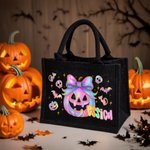 Personalized Laser Style Cartoon Bow Ghost Skull Bat Large Linen Tote Bag with Name Trick or Treat Halloween Party Gift for Kids Women