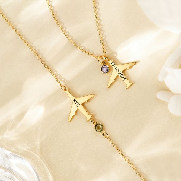 Personalised Airplane Necklace Dainty Jewellery with Birthstone and Text Birthday Anniversary Gift for Women Travel Lovers Pilots Flight Attendants