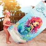 Personalized Adorable Cartoon Mermaid Quick Dry Oversized Beach Towel with Name Summer Vacation Beach Party Gift for Girls