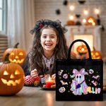 Personalized Laser Style Cartoon Bow Ghost Skull Bat Large Linen Tote Bag with Name Trick or Treat Halloween Party Gift for Kids Women