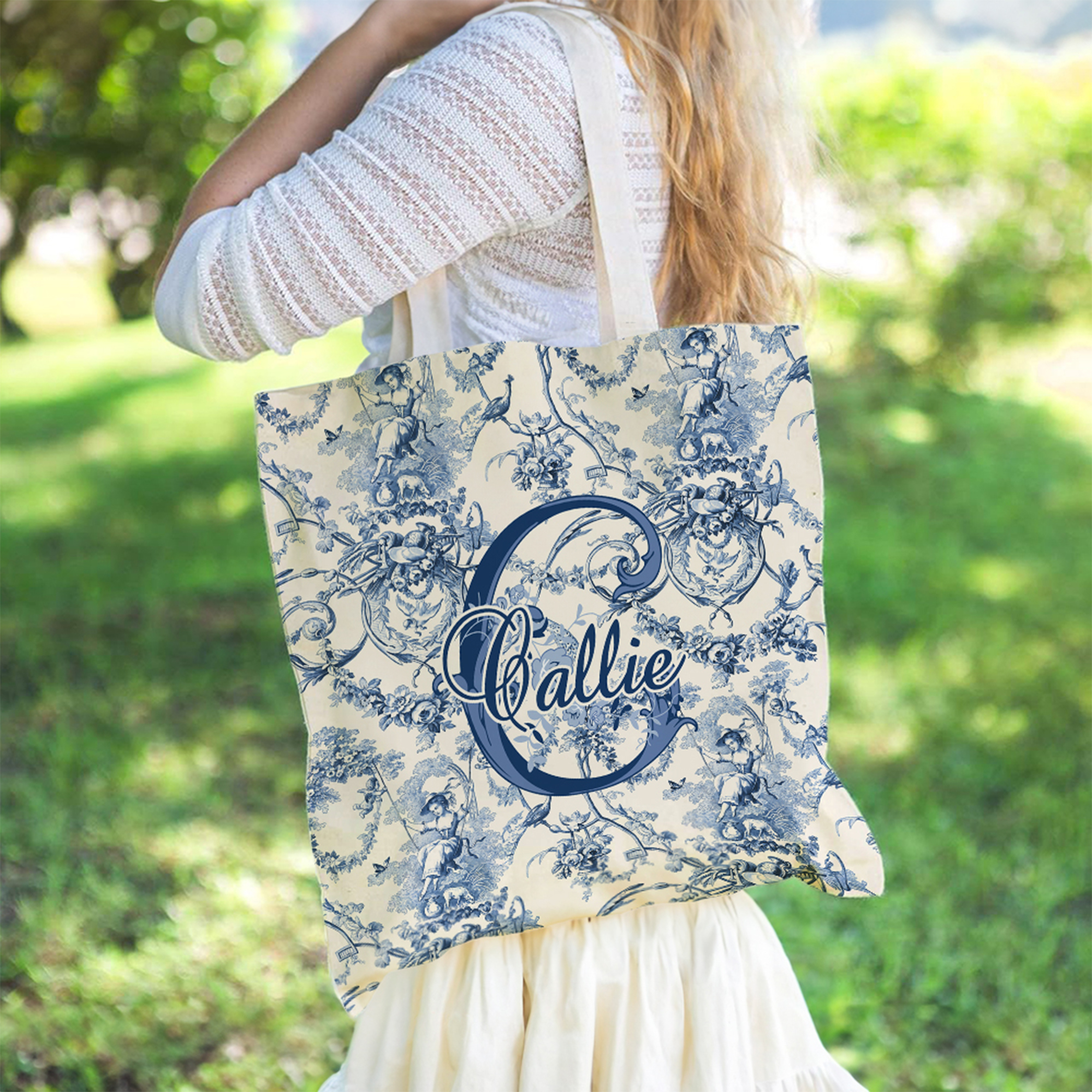 Sac en toile Toile de Jouy avec nom et initiale pour le voyage quotidien Essential Wedding Birthday Gift for Women