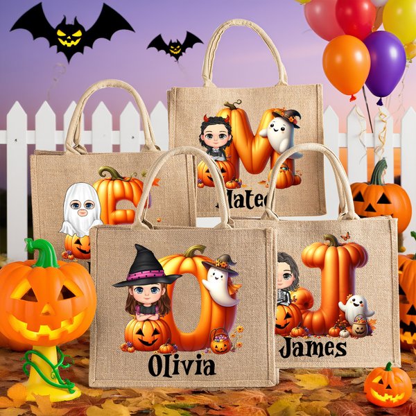 Personalized Cartoon Character Pumpkin Ghost Jute Tote Bag with Initial and Name Trick or Treat Halloween Party Gift for Boys Girls