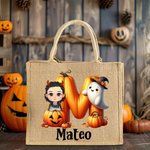 Personalized Cartoon Character Pumpkin Ghost Jute Tote Bag with Initial and Name Trick or Treat Halloween Party Gift for Boys Girls