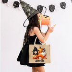 Personalized Cartoon Character Pumpkin Ghost Jute Tote Bag with Initial and Name Trick or Treat Halloween Party Gift for Boys Girls