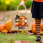 Personalized Cartoon Character Pumpkin Ghost Jute Tote Bag with Initial and Name Trick or Treat Halloween Party Gift for Boys Girls