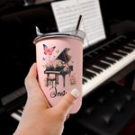 Personalized Birth Flower Piano Name Design 10 oz Insulated Tumbler with Lid and Straw Anniversary Birthday Gift for Women Music Lovers