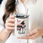 Personalized Birth Flower Piano Name Design 10 oz Insulated Tumbler with Lid and Straw Anniversary Birthday Gift for Women Music Lovers