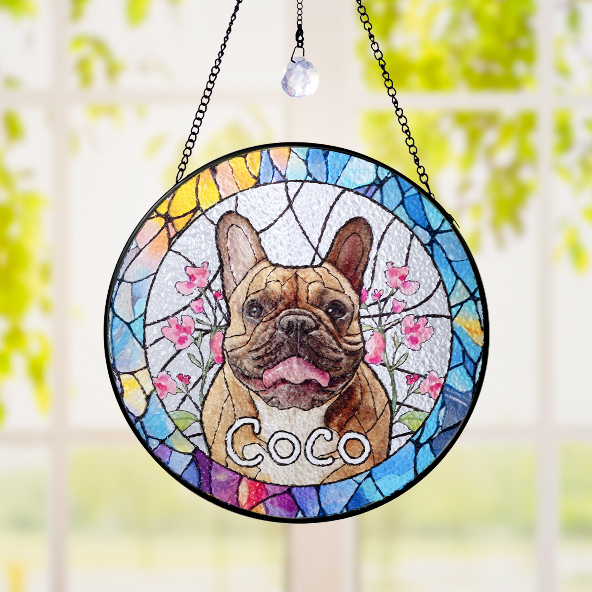 Décoration personnalisée en verre teinté avec photo de l'animal de compagnie Ornement de fenêtre avec nom Décoration de balcon Cadeau d'anniversaire pour les amoureux de l'animal de compagnie