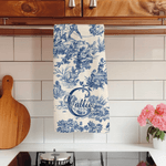 Personalized Retro French Toile De Jouy Waffle Tea Towel with Initial and Name Kitchen Decor Wedding Engagement Gift for Newlyweds Couple