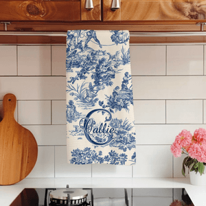 Personalised Retro French Toile De Jouy Waffle Tea Towel with Initial and Name Kitchen Decor Wedding Engagement Gift for Newlyweds Couple