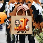 Personalized Cartoon Character Pumpkin Ghost Jute Tote Bag with Initial and Name Trick or Treat Halloween Party Gift for Boys Girls
