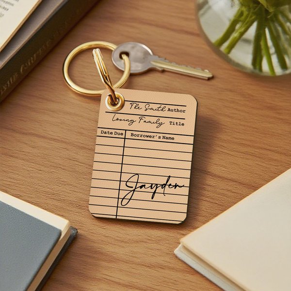 Personalized Vintage Library Card Design Multicolour PU Leather Keychain with Name Author and Title Birthday Gift for Book Enthusiast
