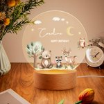 Personalized Cute Forest Animals Acrylic LED Night Light with Name and Wooden Base Nursery Decor Baby Shower Birthday Gift for Boys Girls