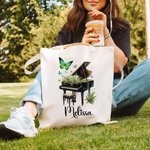 Personalized Birth Flower Piano Reusable Canvas Bag with Name Annual Anniversary Birthday Gift for Women Music Lovers