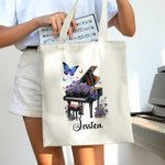 Personalized Birth Flower Piano Reusable Canvas Bag with Name Annual Anniversary Birthday Gift for Women Music Lovers