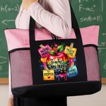 Personalized Teacher Theme Apple Teach Love Oxford Tote Bag with Name and Mesh Pocket Birthday Teacher's Day Gift for Women Teachers