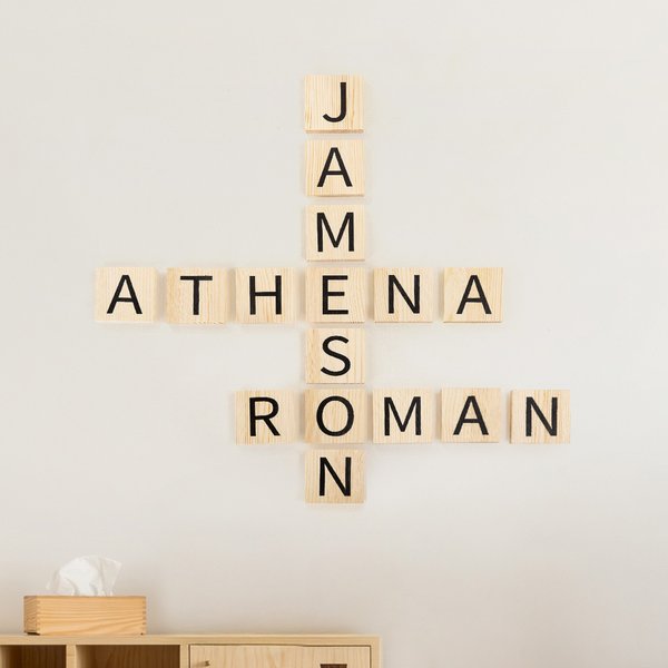 Personalized Crosswords Scrabble Puzzle Wooden Wall Tile with 1-10 Names Home Decor Birthday Housewarming Gift for Family Friend