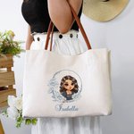 Personalised Retro Cartoon Character Birth Flower Large Capacity Canvas Tote Bag with Name Birthday Wedding Mother's Day Gift for Her