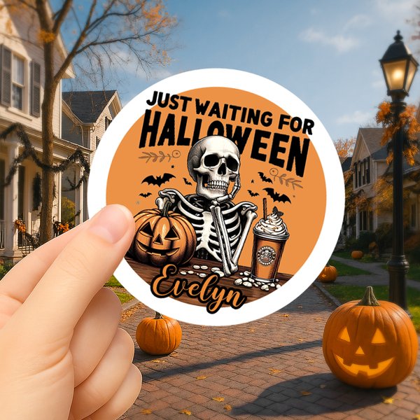 Personalised Just Waiting For Halloween Skeleton Man Waterproof Stickers with Name Party Decor Halloween Holiday Gift for Family Friends