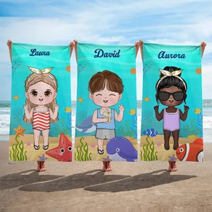Toalla de playa personalizada de gran tamaño y secado rápido con temática marina y nombre regalo de cumpleaños para todos