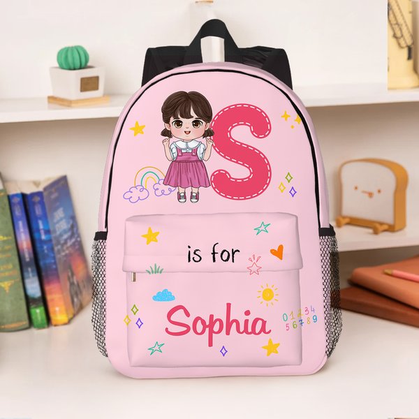 Personalized Cartoon Character Initial Large Kid Backpack with Name and Side Pockets Back to School Birthday Gift for Boys Girls