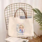 Personalised Retro Cartoon Character Birth Flower Large Capacity Canvas Tote Bag with Name Birthday Wedding Mother's Day Gift for Her