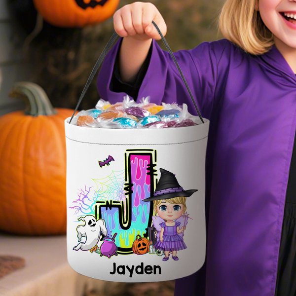 Personalised Cartoon Boy Girl Initial Trick or Treat Bag Sweets Bucket with Name Halloween Party Favors for Kid