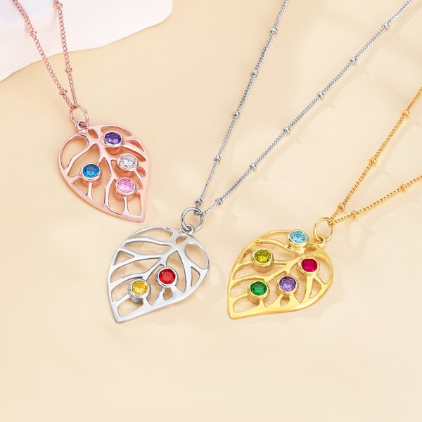 Personalized 1-5  Birthstones Leaf Necklace Dainty Jewelry Birthday Anniversary Mother's Day Gift for Women