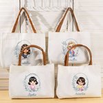 Personalised Retro Cartoon Character Birth Flower Large Capacity Canvas Tote Bag with Name Birthday Wedding Mother's Day Gift for Her